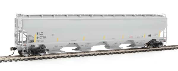 WalthersProto 105866  HO 67' Trinity 6351 4-Bay Covered Hopper, Trinity Industries Leasing TILX #640748 (gray, yellow conspicuity stripes)