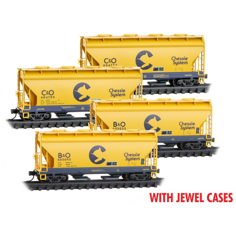 Micro Trains 98300213    N 4-pk 100-ton 2-bay covered hoppers, Chessie System #604752,604789,605055,605095