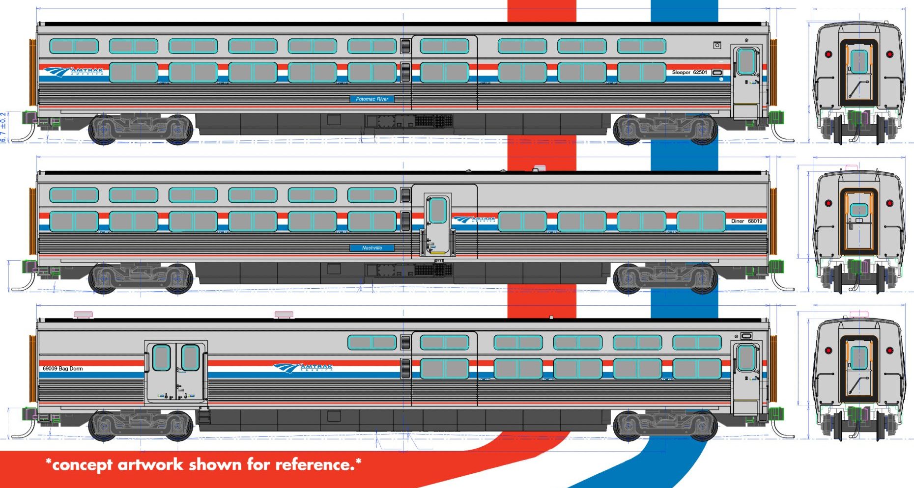 Kato 106-8004   N Viewliner II 4-Car Set: Sleeper, Sleeper, Diner, Baggage-Dorm. Amtrak Phase III