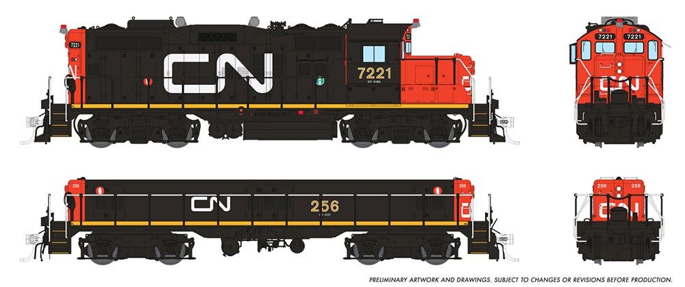 Rapido Trains 41018  HO GP9RM, Mother+Slug w/ Flexicoil: CN - Late #7221 #256